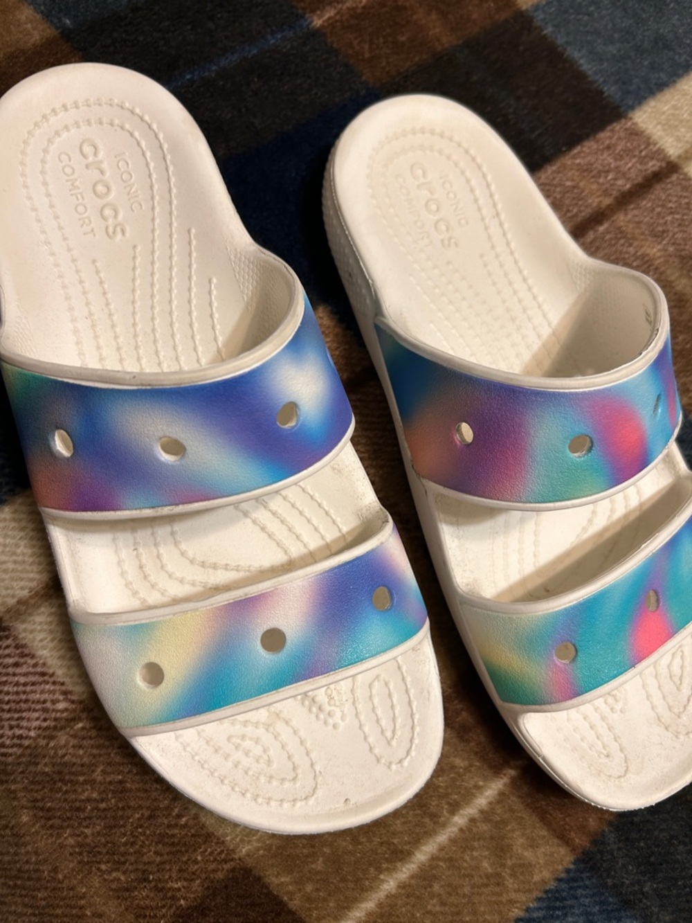 CROCS White Slide Sandals with Iridescent Rainbow Straps